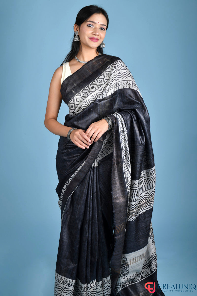 Handwoven Pure Silk Saree Adorned with Dancer Motif - Black