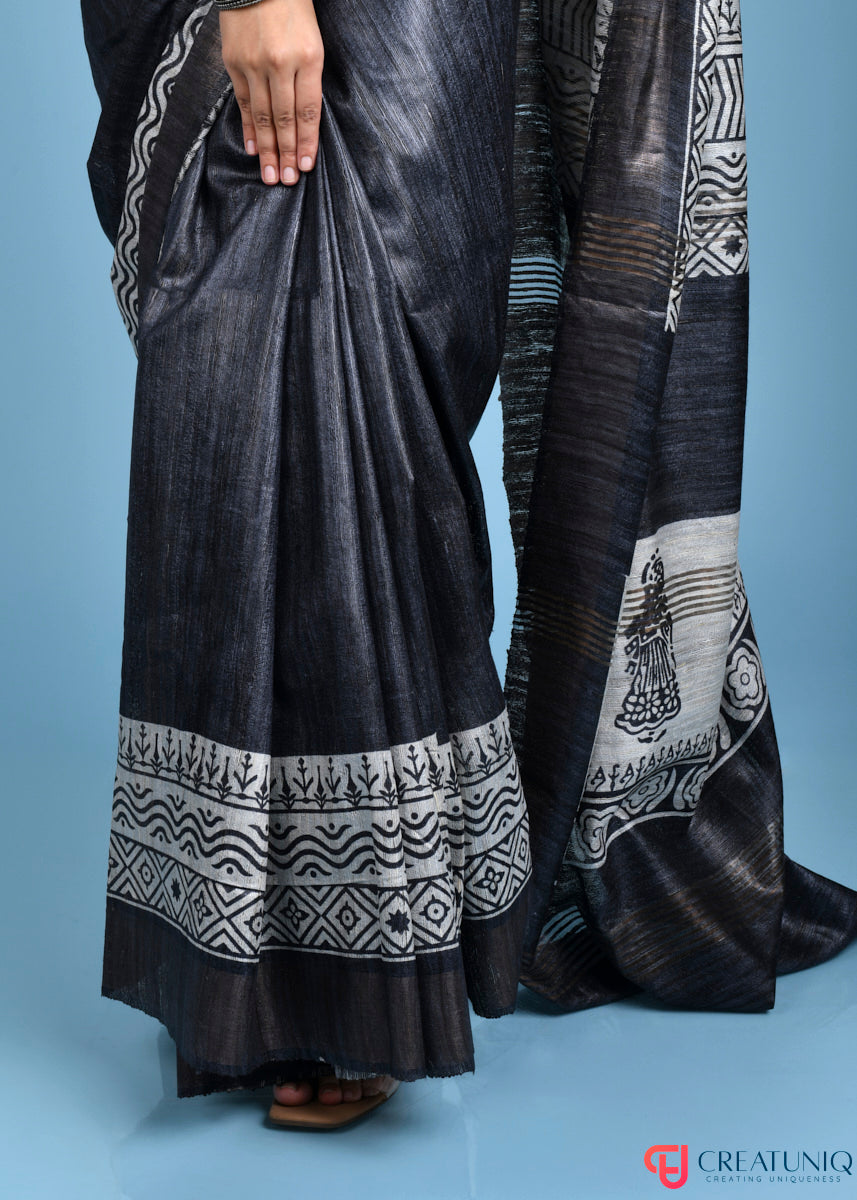 Handwoven Pure Silk Saree Adorned with Dancer Motif - Black