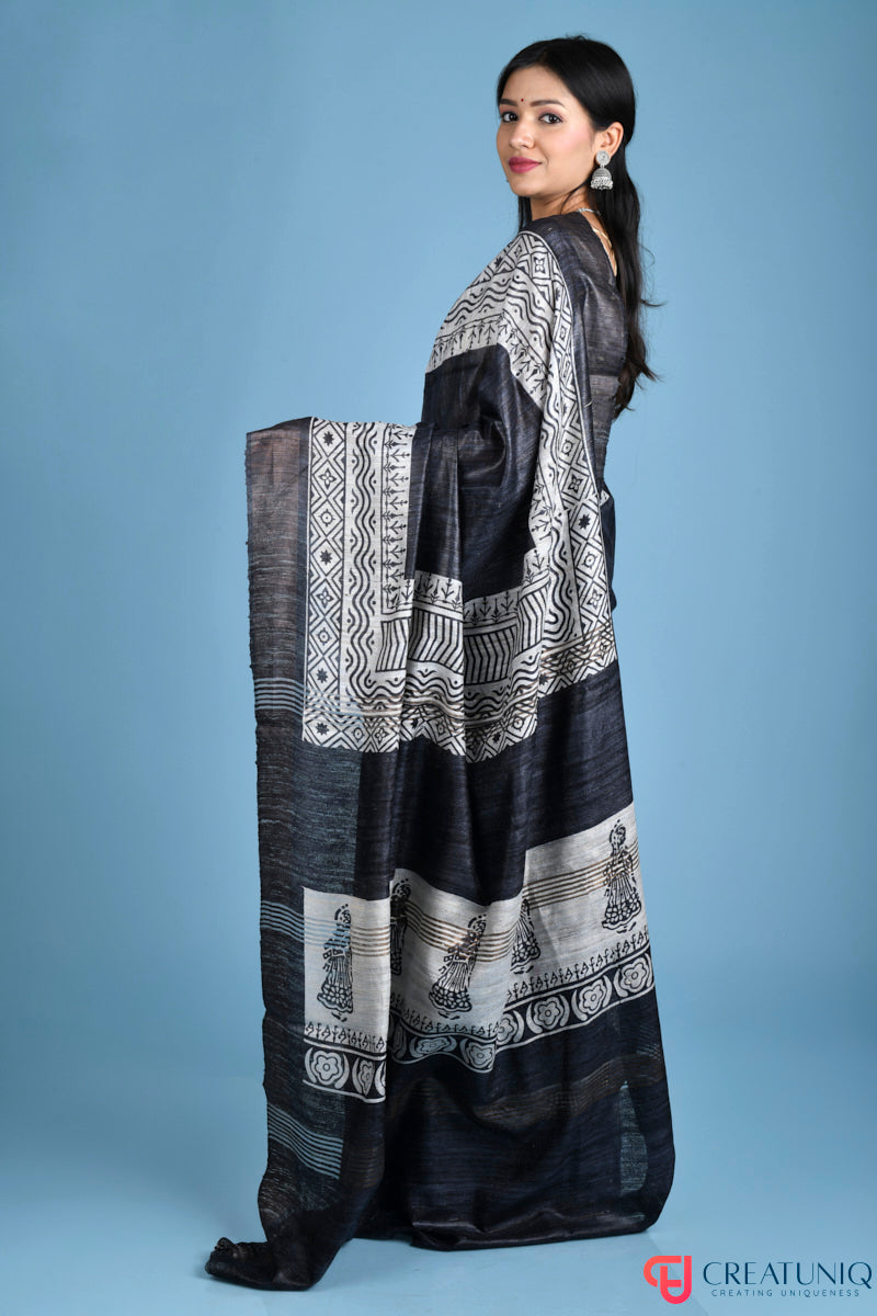 Handwoven Pure Silk Saree Adorned with Dancer Motif - Black