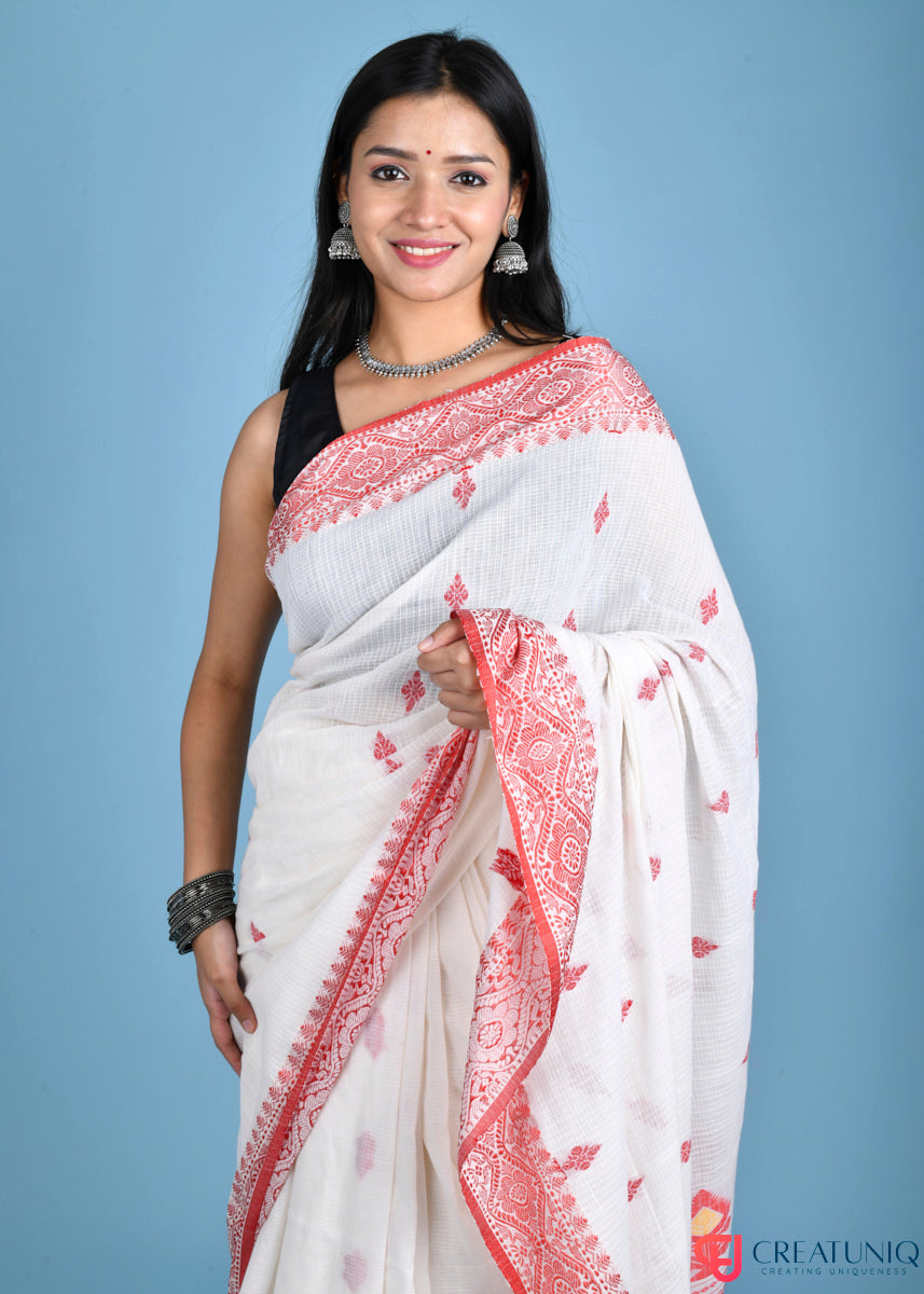Off-White Kota Cotton Saree with Rich Red Banarasi Accents