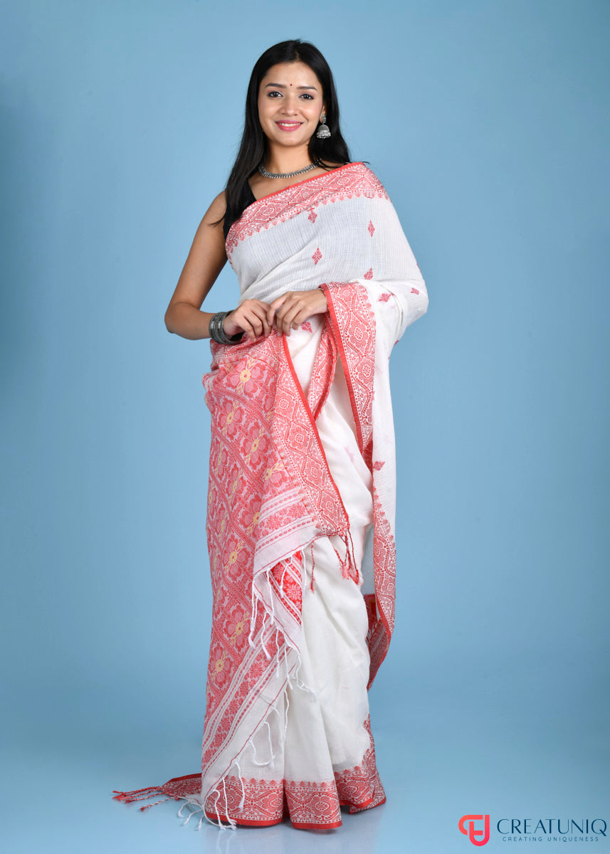 Off-White Kota Cotton Saree with Rich Red Banarasi Accents