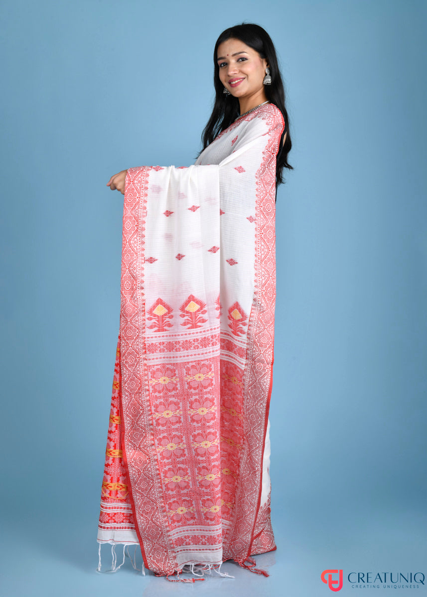 Off-White Kota Cotton Saree with Rich Red Banarasi Accents