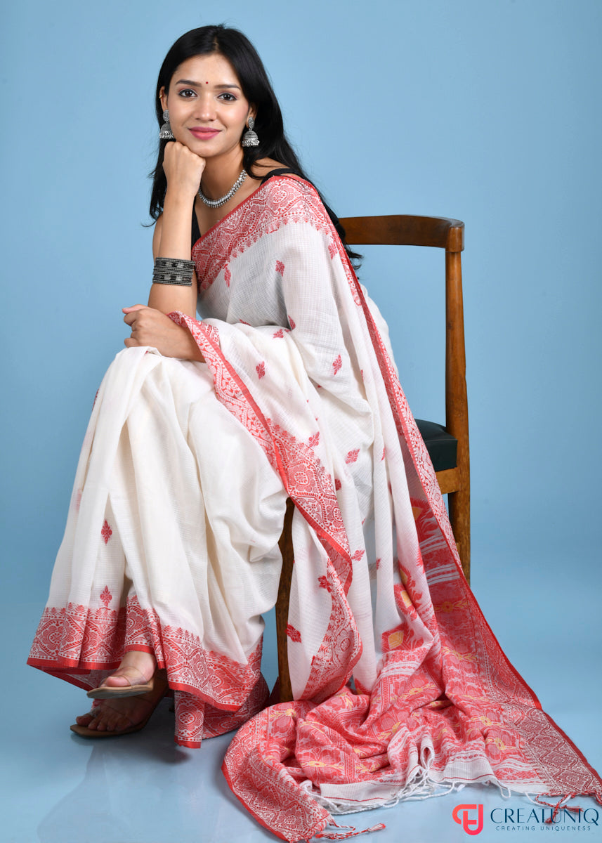 Off-White Kota Cotton Saree with Rich Red Banarasi Accents