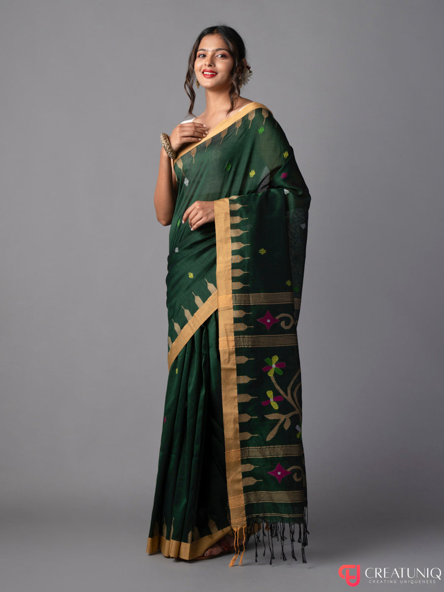 Dark Green Floral Jamdani Saree in Pure Cotton