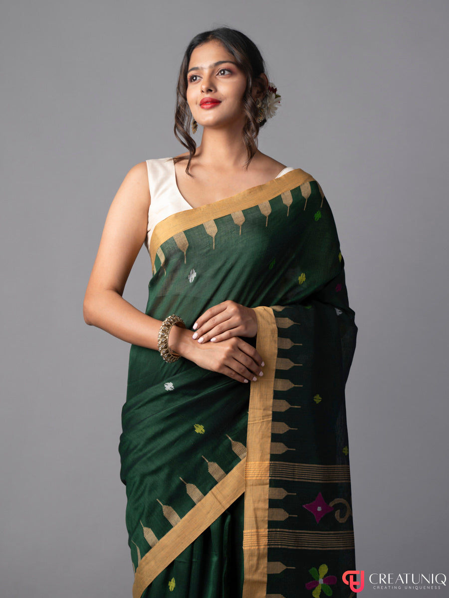 Dark Green Floral Jamdani Saree in Pure Cotton
