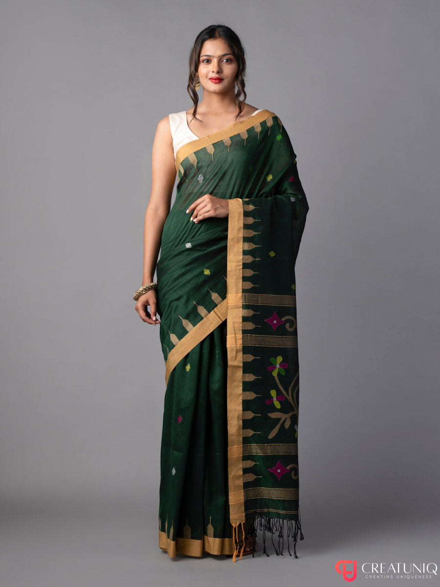 Dark Green Floral Jamdani Saree in Pure Cotton