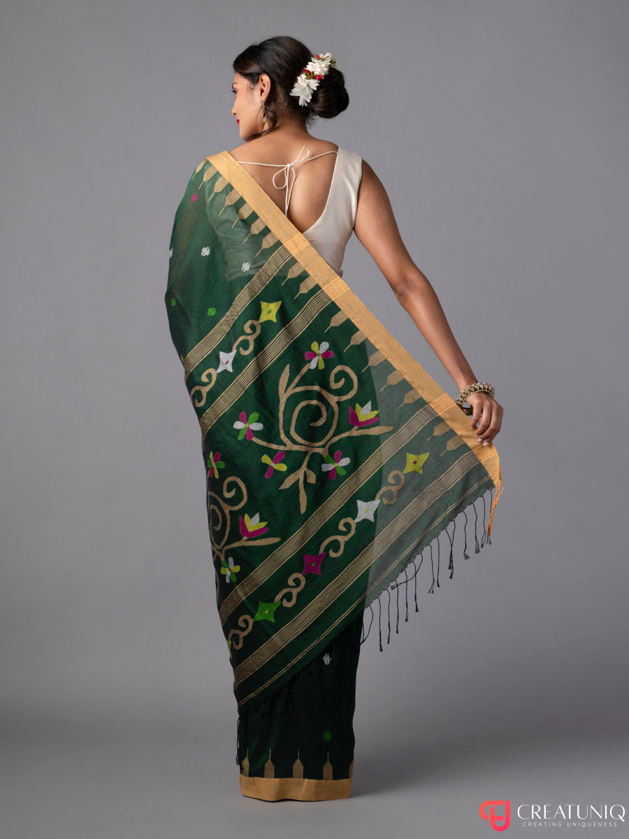 Dark Green Floral Jamdani Saree in Pure Cotton