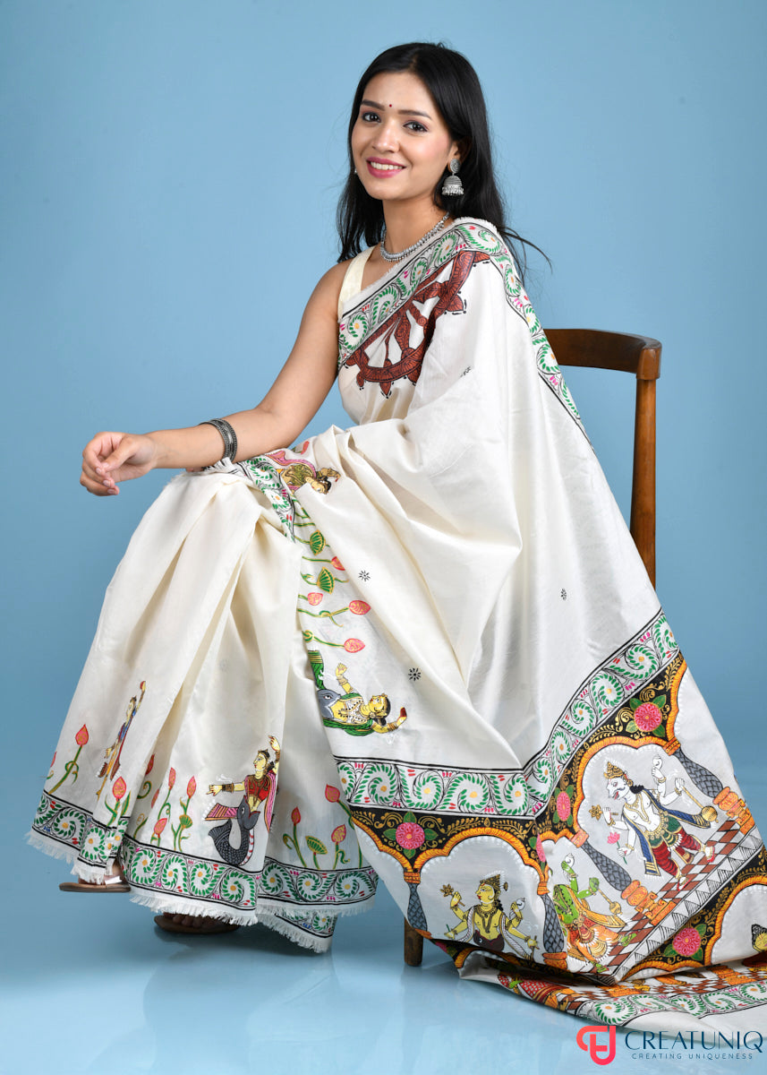 Divine Dasavatar Pattachitra Pure Silk Saree - Hand-Painted Elegance