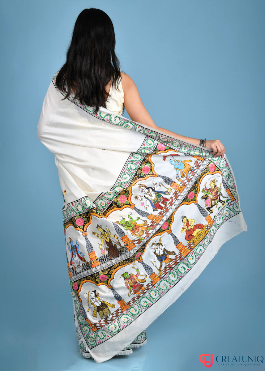 Divine Dasavatar Pattachitra Pure Silk Saree - Hand-Painted Elegance