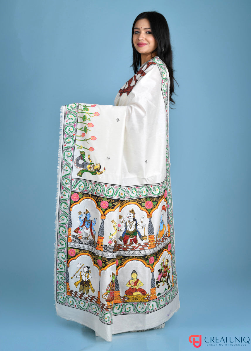 Divine Dasavatar Pattachitra Pure Silk Saree - Hand-Painted Elegance