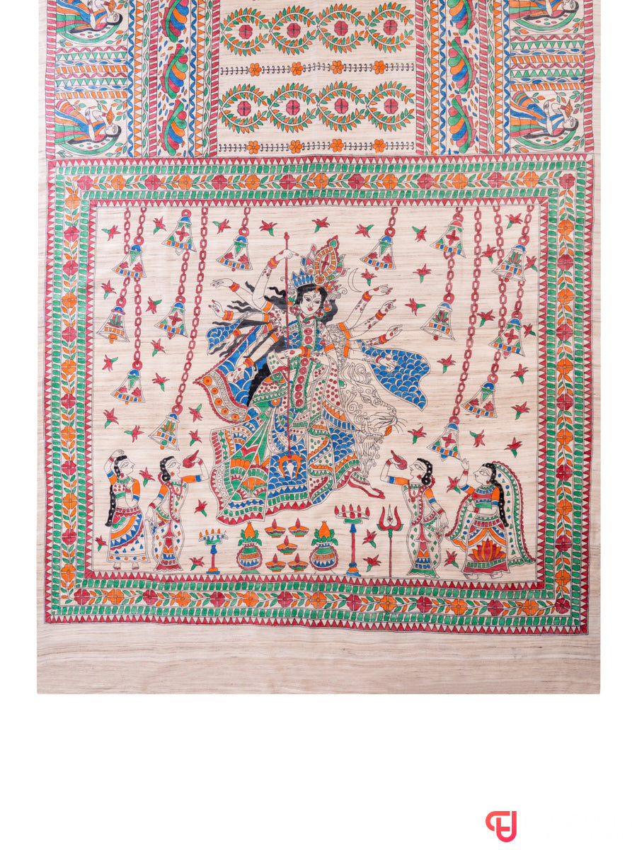 Divine Durga: Hand-Painted Madhubani Saree on Pure Silk