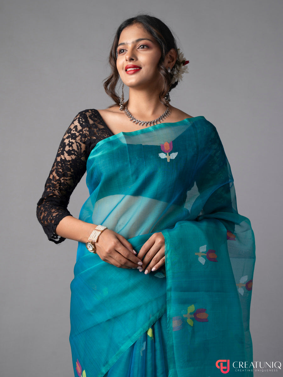 Floral Blue Jamdani Saree in Pure Silk