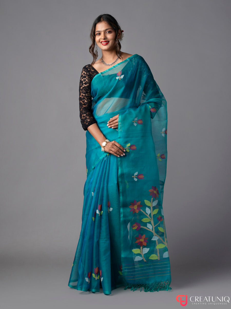 Floral Blue Jamdani Saree in Pure Silk