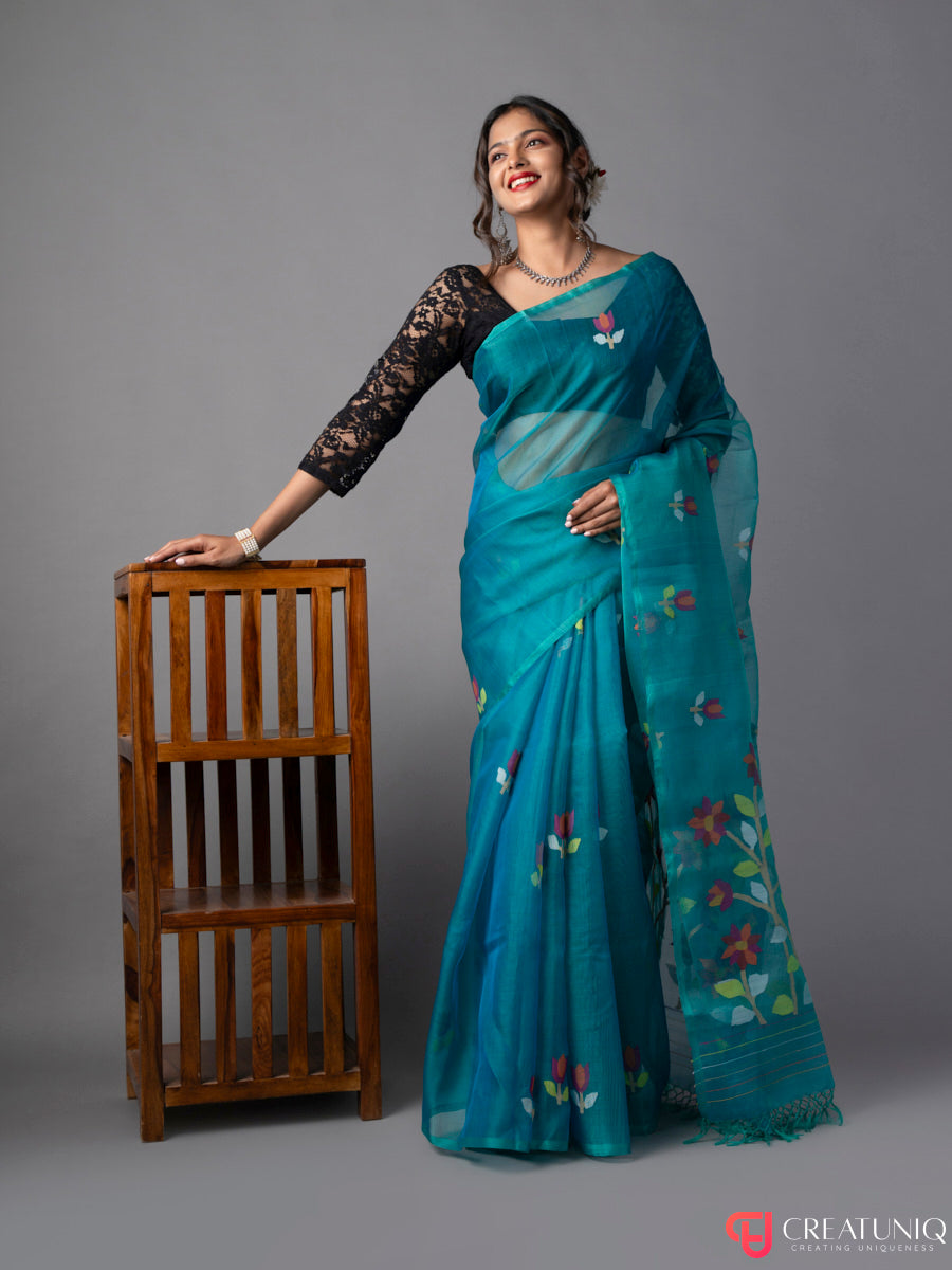 Floral Blue Jamdani Saree in Pure Silk