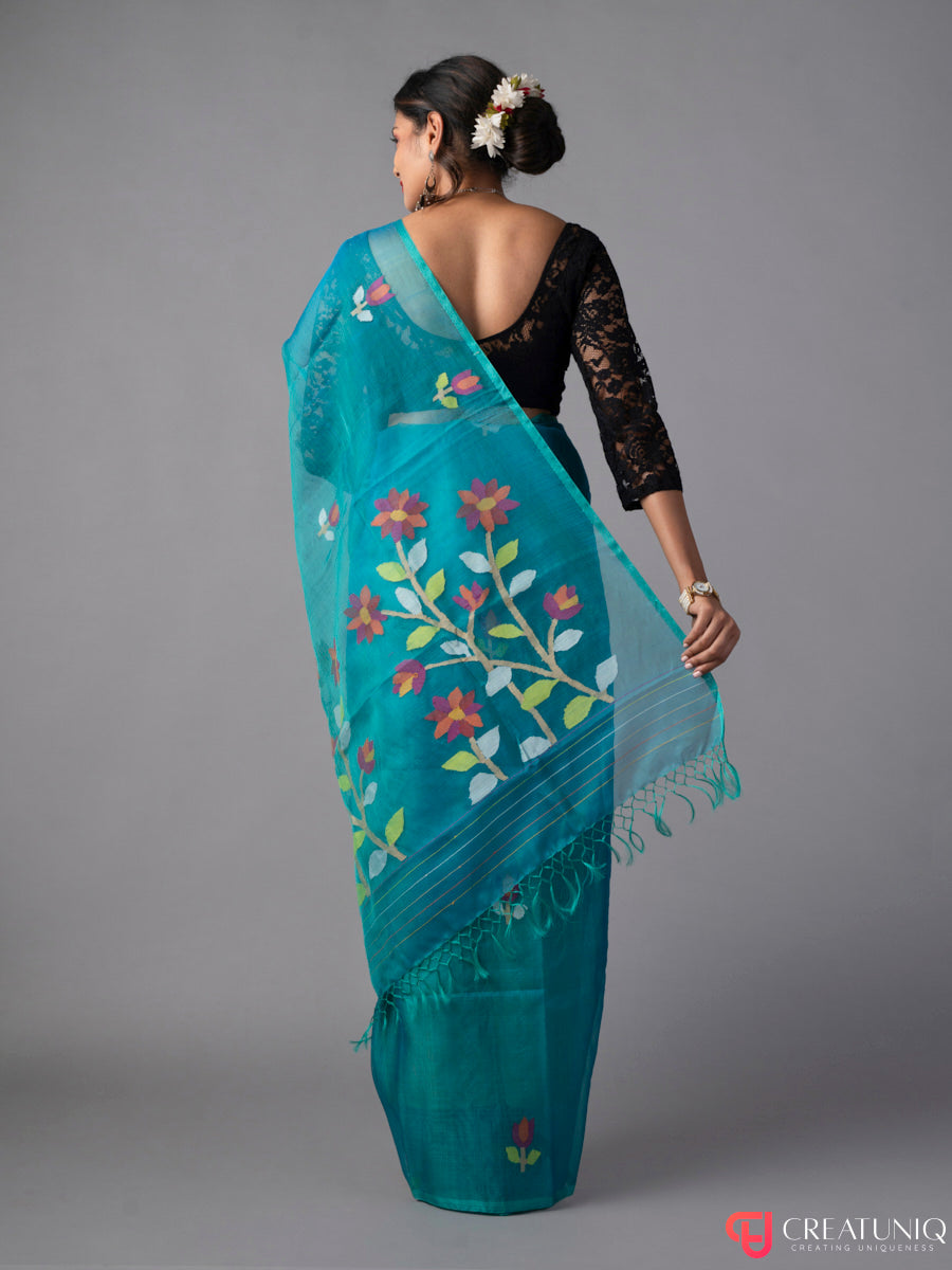 Floral Blue Jamdani Saree in Pure Silk