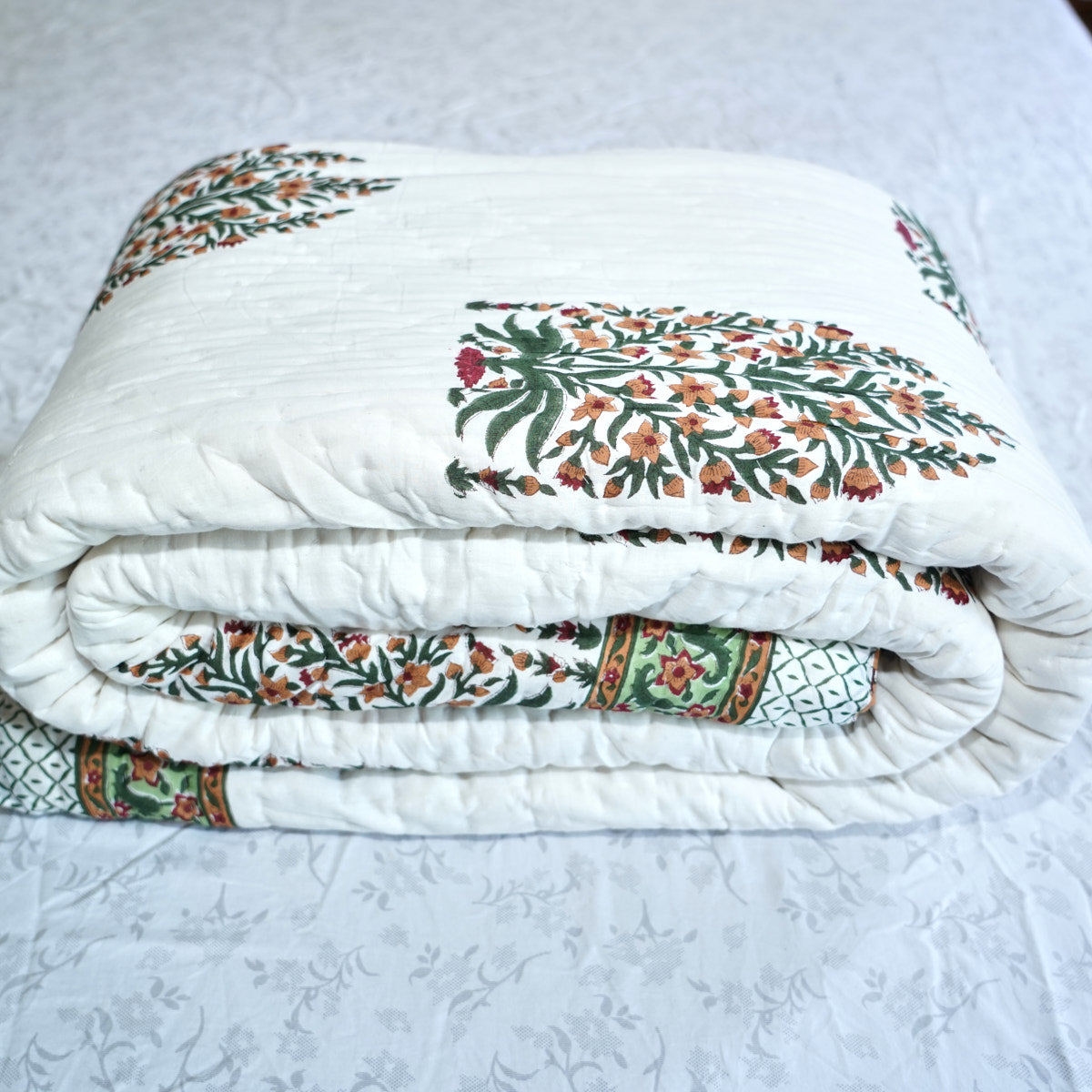 Floral Elegance Reversible Hand Block Printed Cotton Quilt