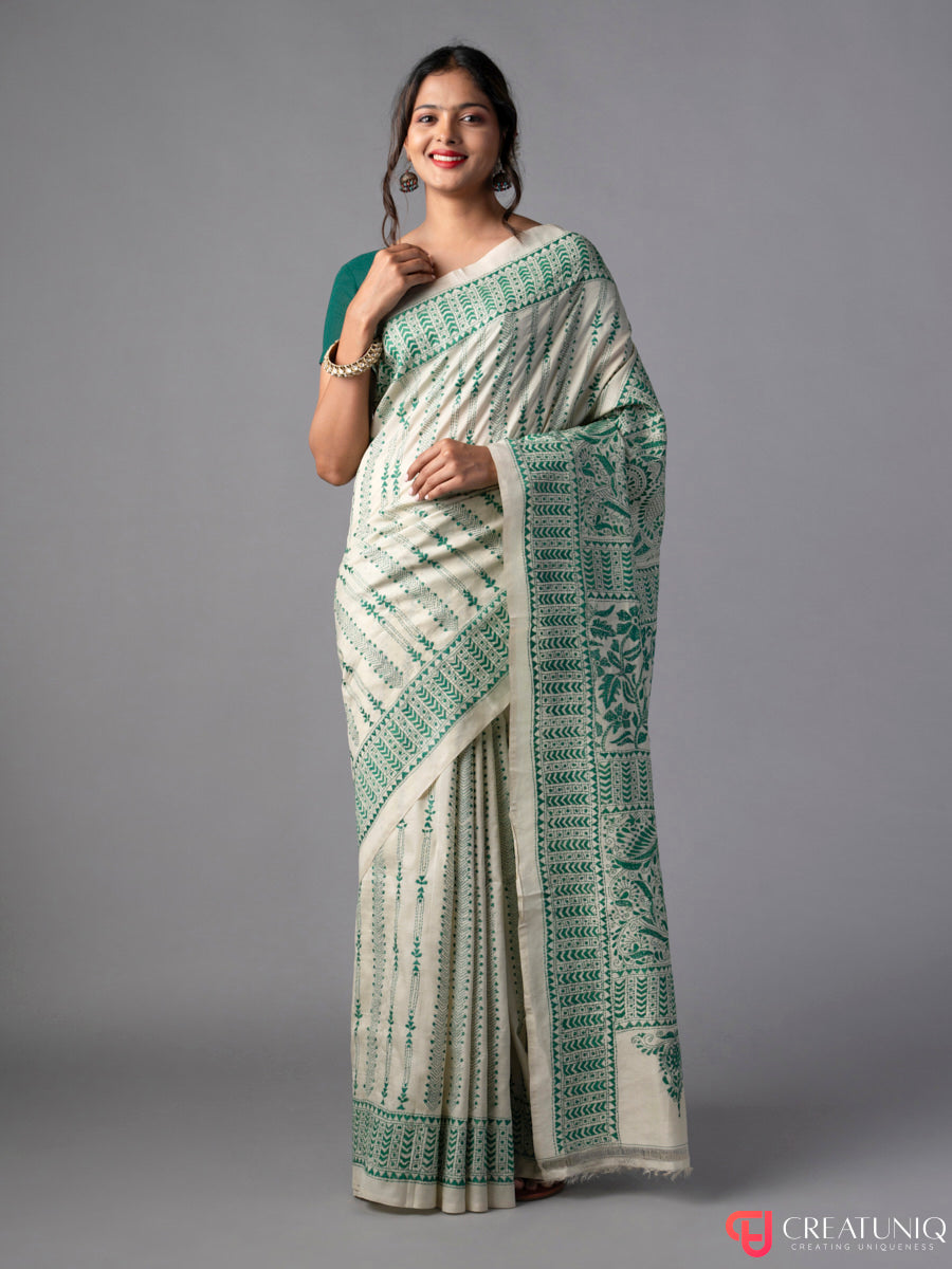 Floral Green Kantha Saree on Off White Pure Silk