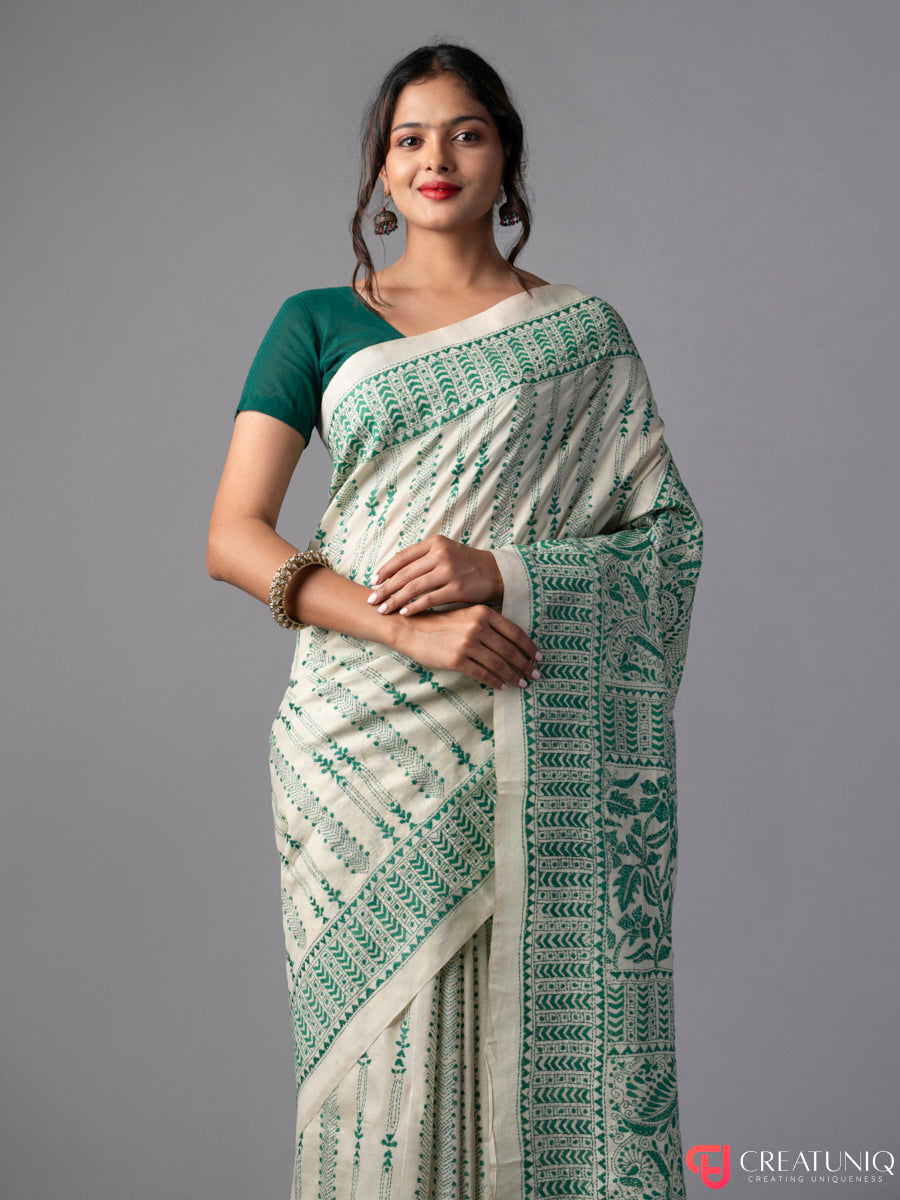 Floral Green Kantha Saree on Off White Pure Silk