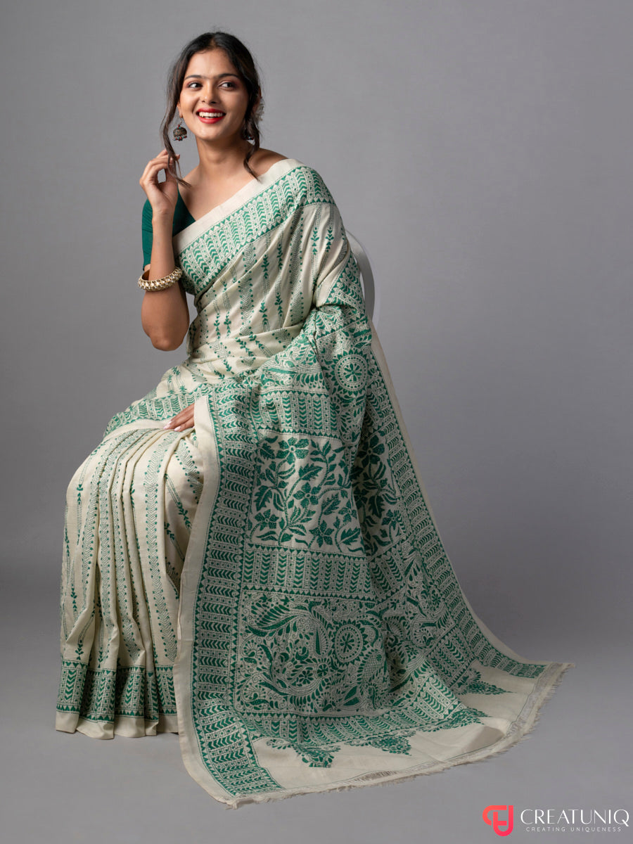 Floral Green Kantha Saree on Off White Pure Silk