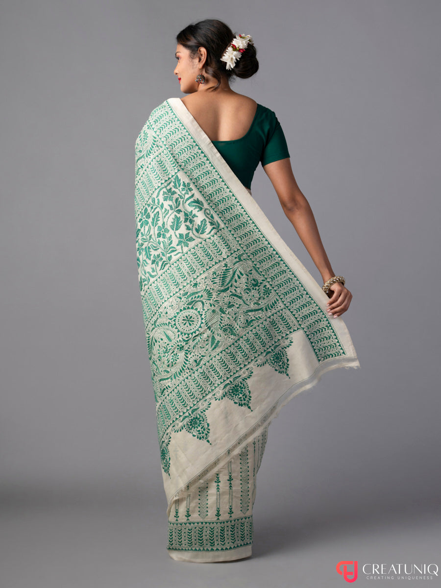 Floral Green Kantha Saree on Off White Pure Silk