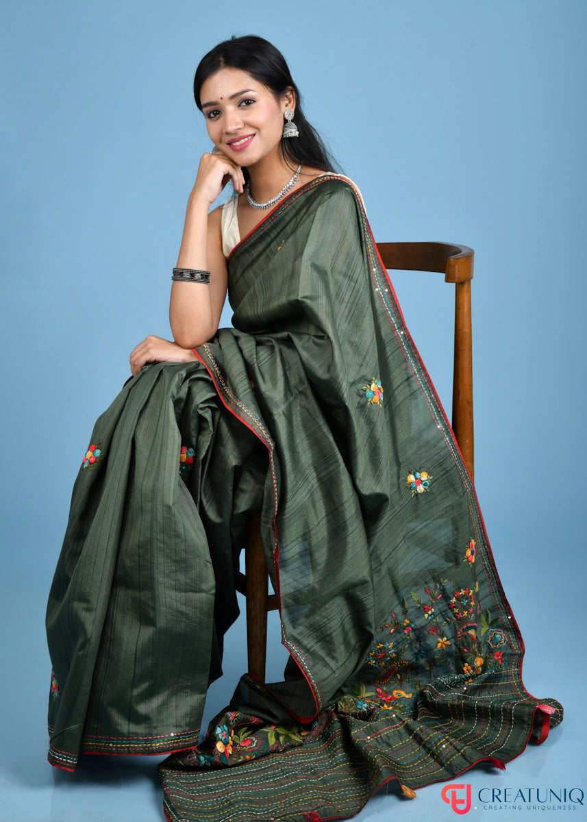 Floral Hand Embroidery Dark Green Blended Silk Saree