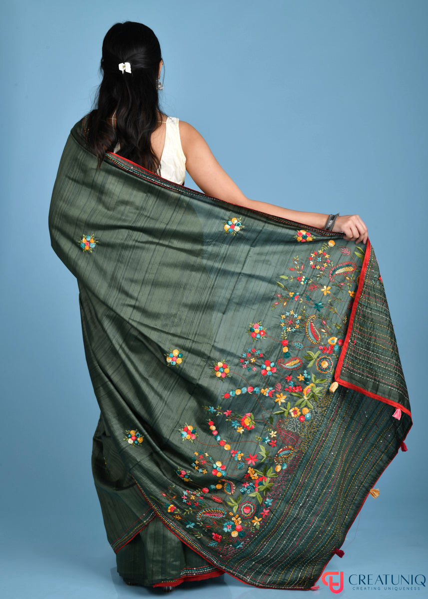 Floral Hand Embroidery Dark Green Blended Silk Saree
