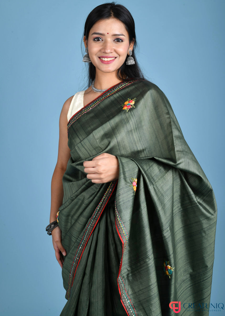 Floral Hand Embroidery Dark Green Blended Silk Saree
