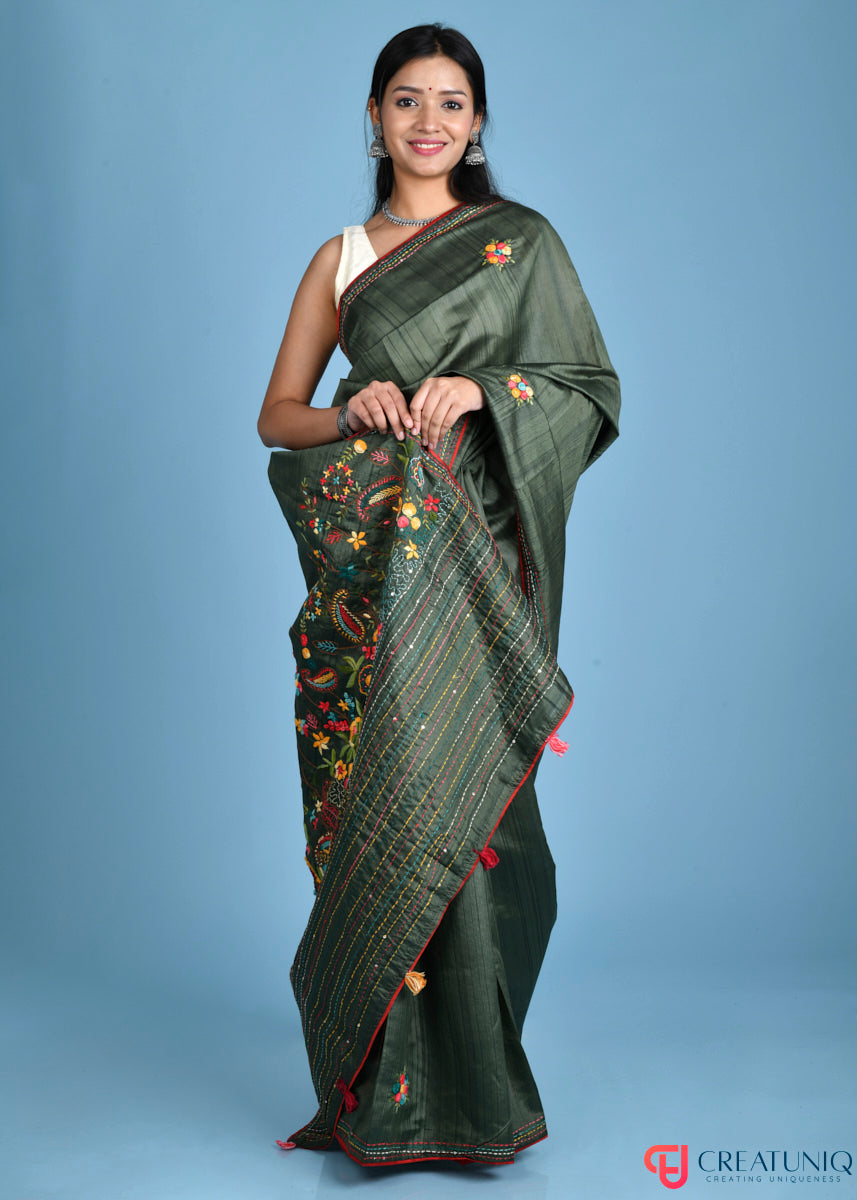 Floral Hand Embroidery Dark Green Blended Silk Saree