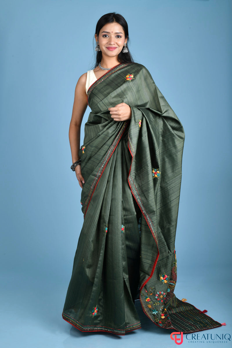 Floral Hand Embroidery Dark Green Blended Silk Saree