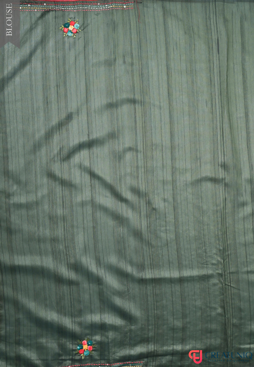 Floral Hand Embroidery Dark Green Blended Silk Saree