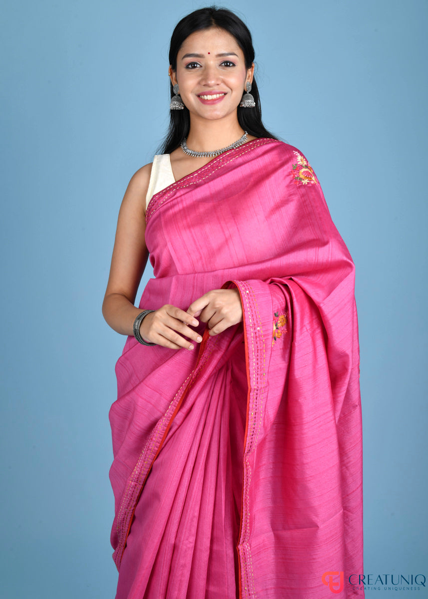Floral Hand Embroidery Hippie Pink Blended Silk Saree