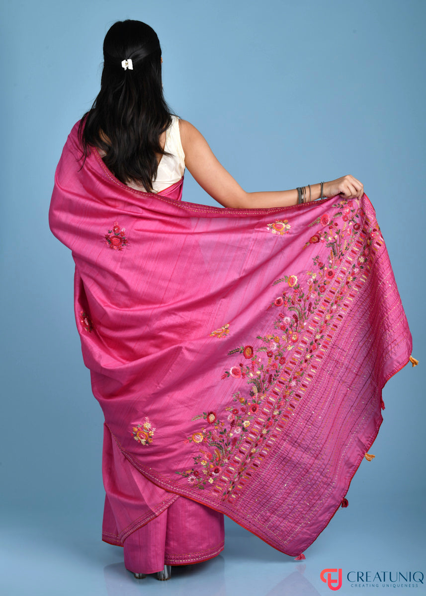 Floral Hand Embroidery Hippie Pink Blended Silk Saree