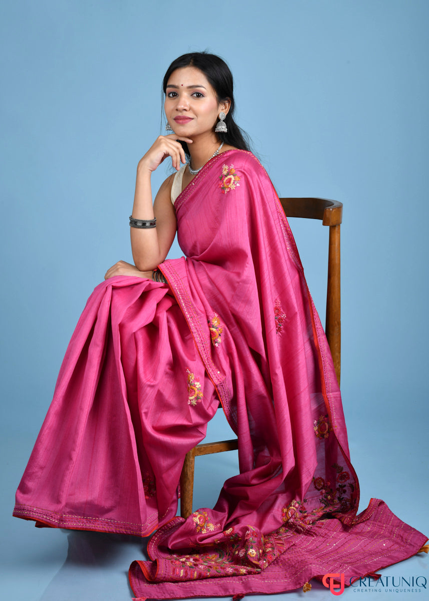 Floral Hand Embroidery Hippie Pink Blended Silk Saree