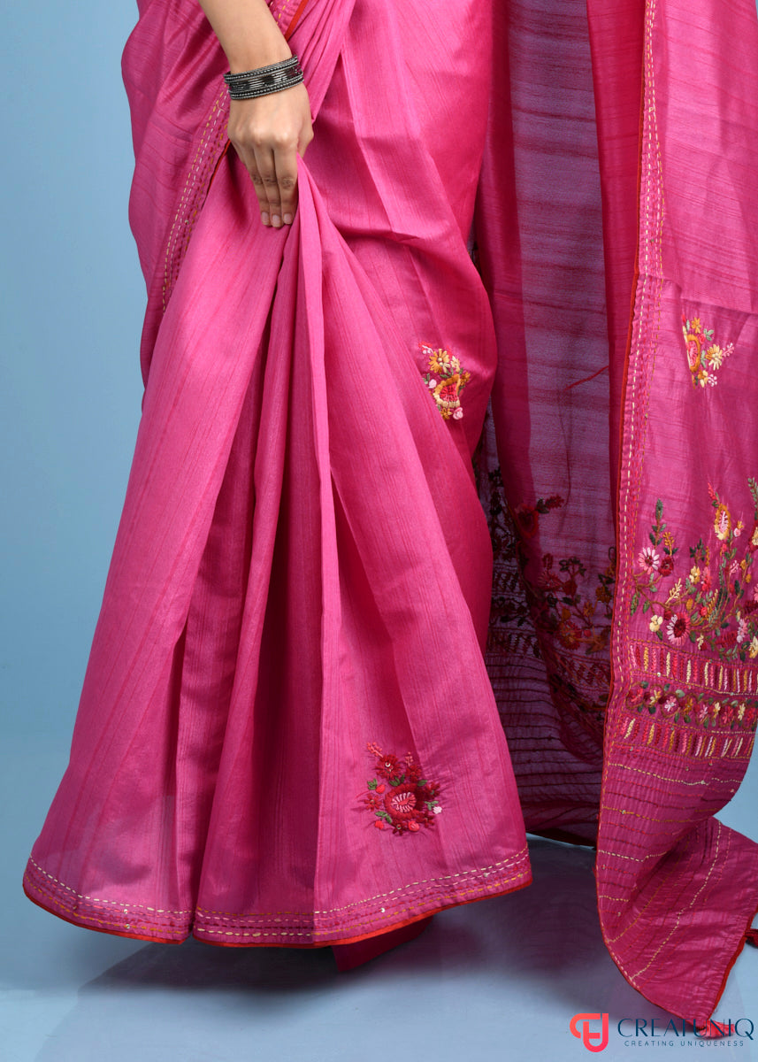 Floral Hand Embroidery Hippie Pink Blended Silk Saree