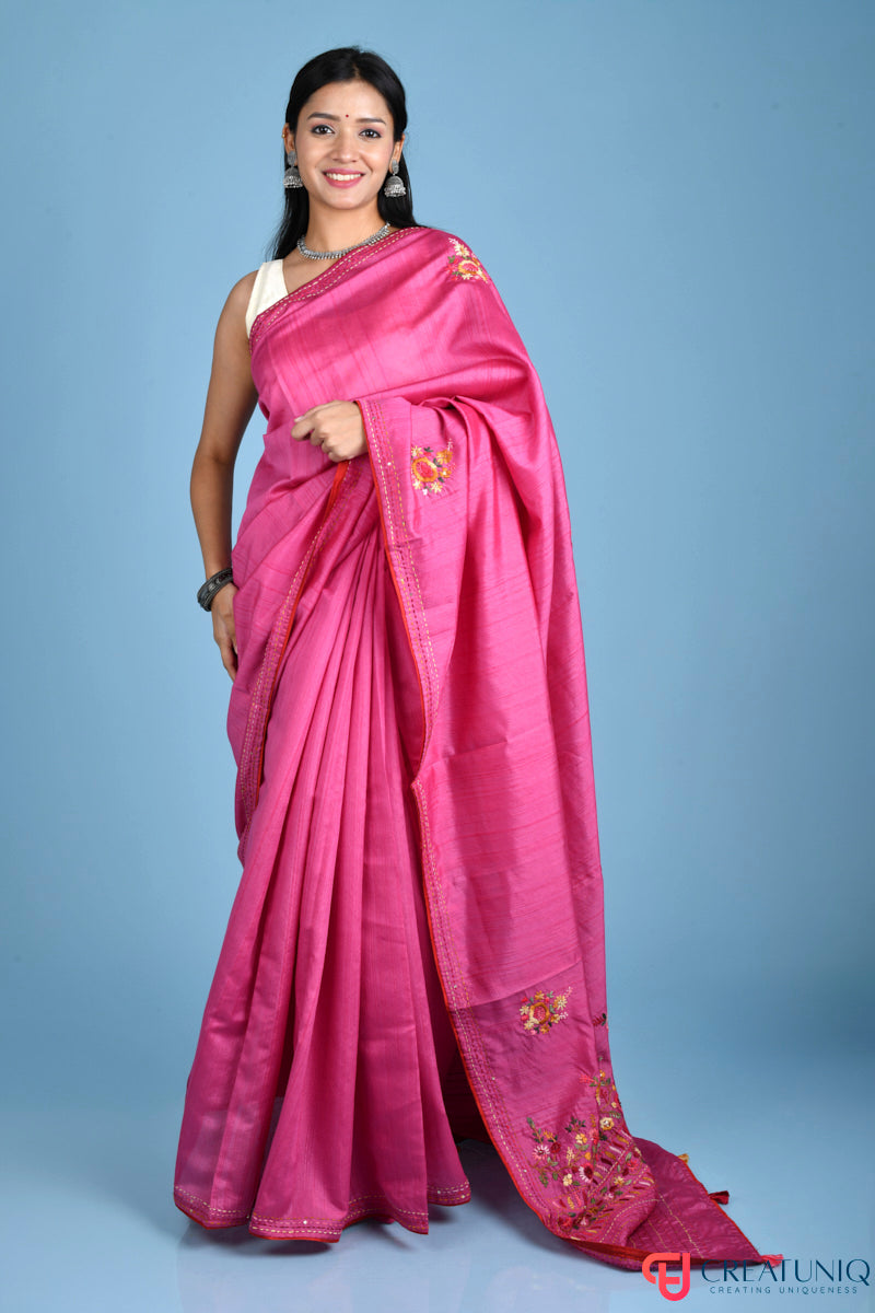Floral Hand Embroidery Hippie Pink Blended Silk Saree