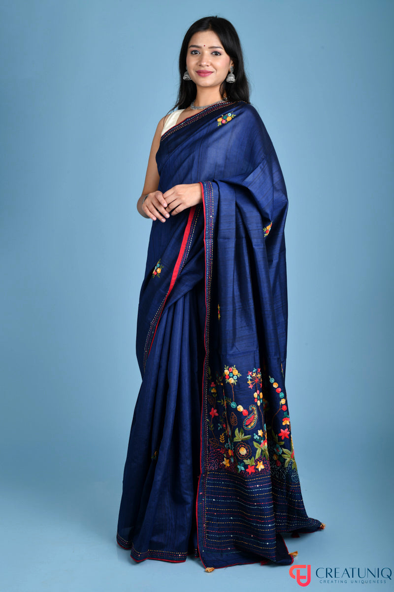 Floral Hand Embroidery Navy Blue Blended Silk Saree