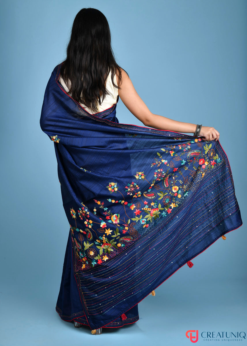 Floral Hand Embroidery Navy Blue Blended Silk Saree