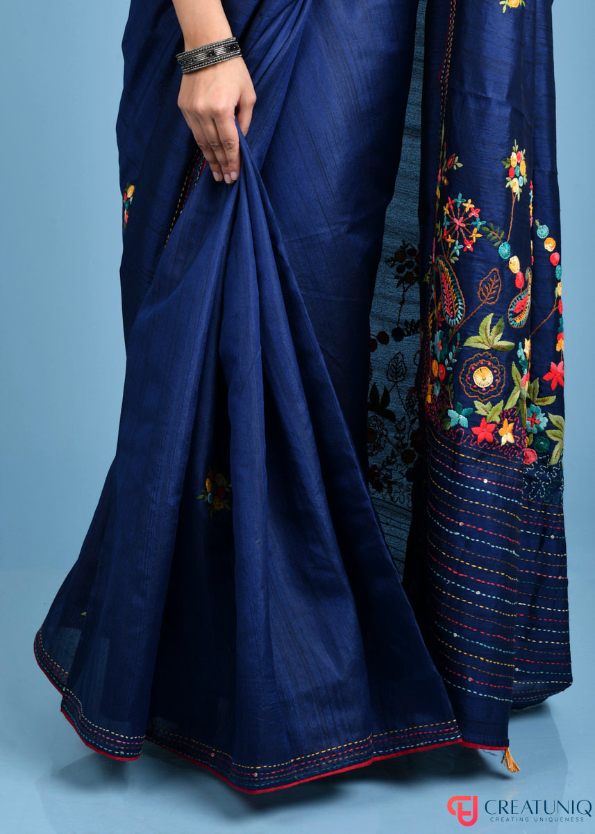 Floral Hand Embroidery Navy Blue Blended Silk Saree