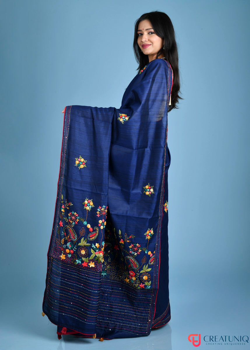 Floral Hand Embroidery Navy Blue Blended Silk Saree