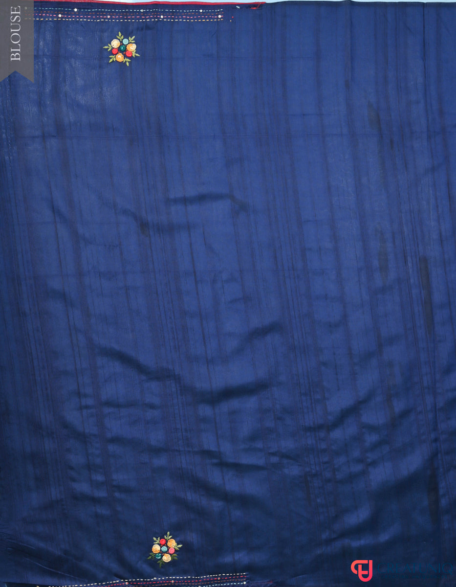 Floral Hand Embroidery Navy Blue Blended Silk Saree