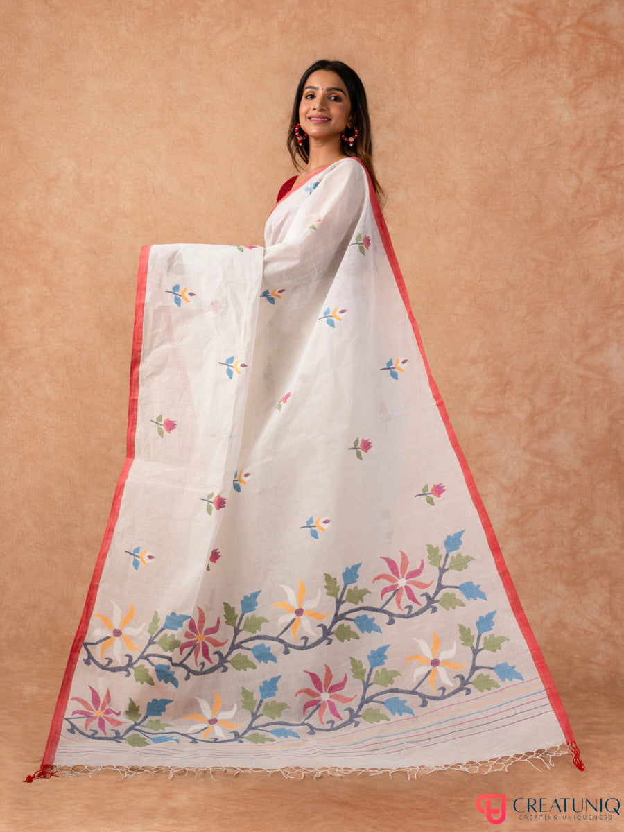 Floral Jamdani Pure Cotton Saree – Off White