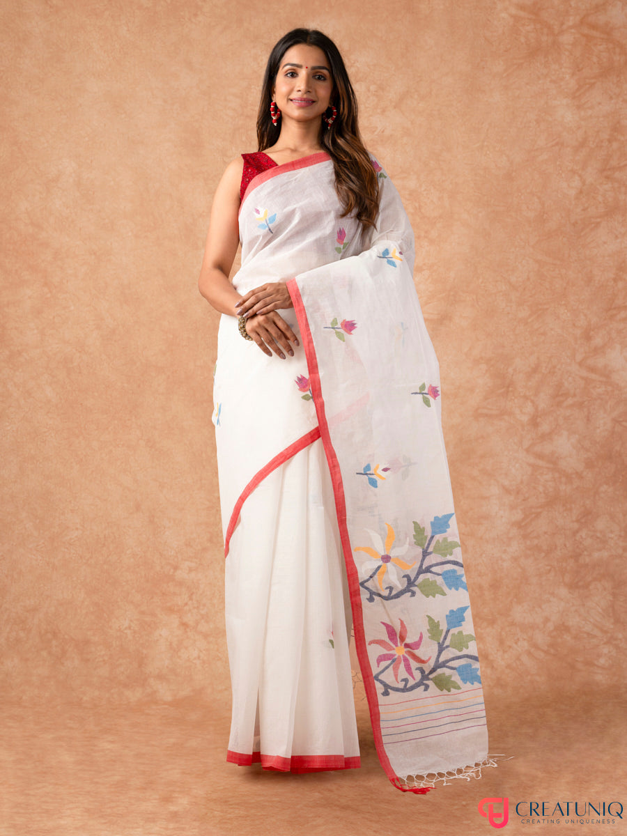 Floral Jamdani Pure Cotton Saree – Off White