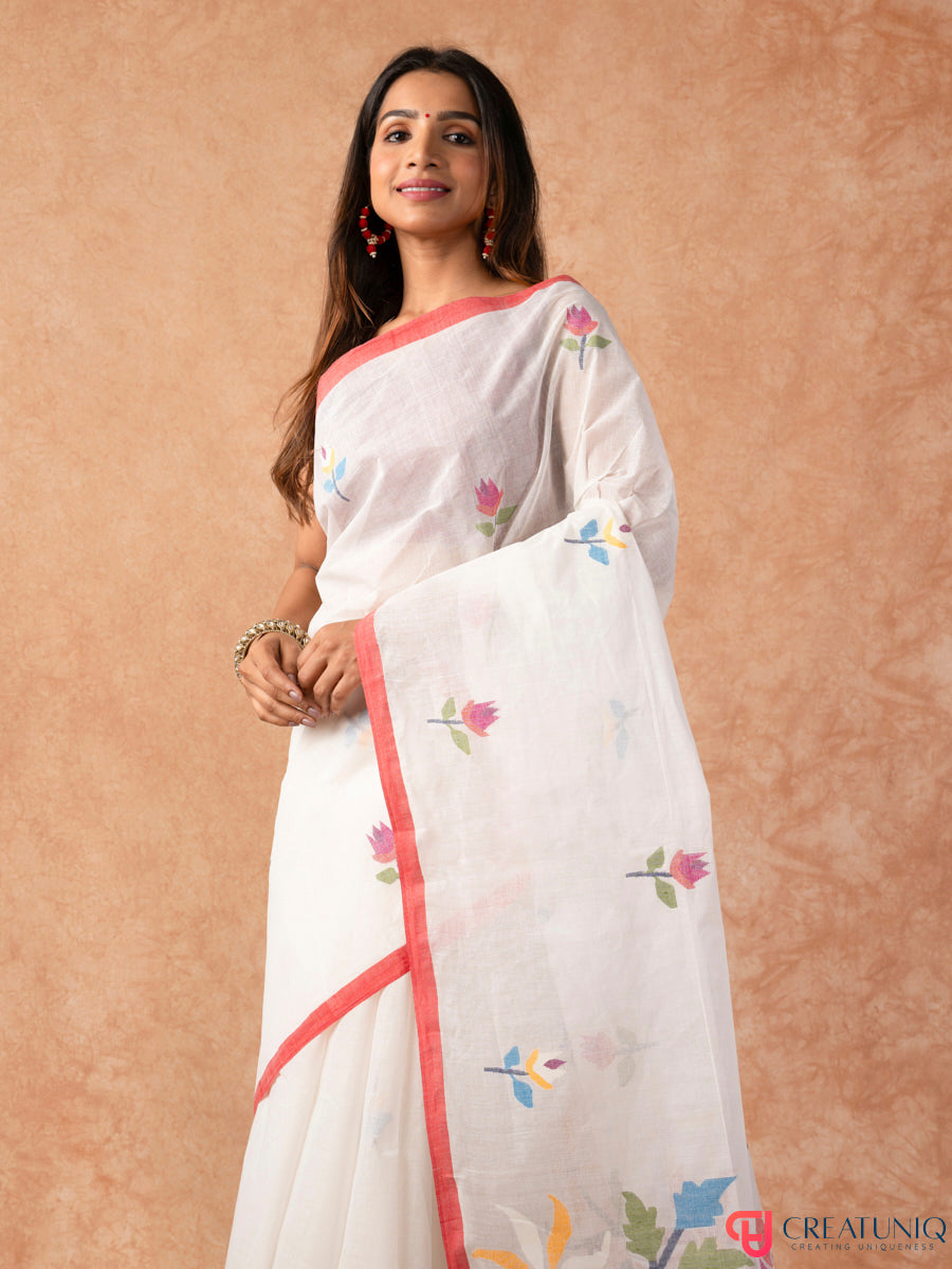 Floral Jamdani Pure Cotton Saree – Off White