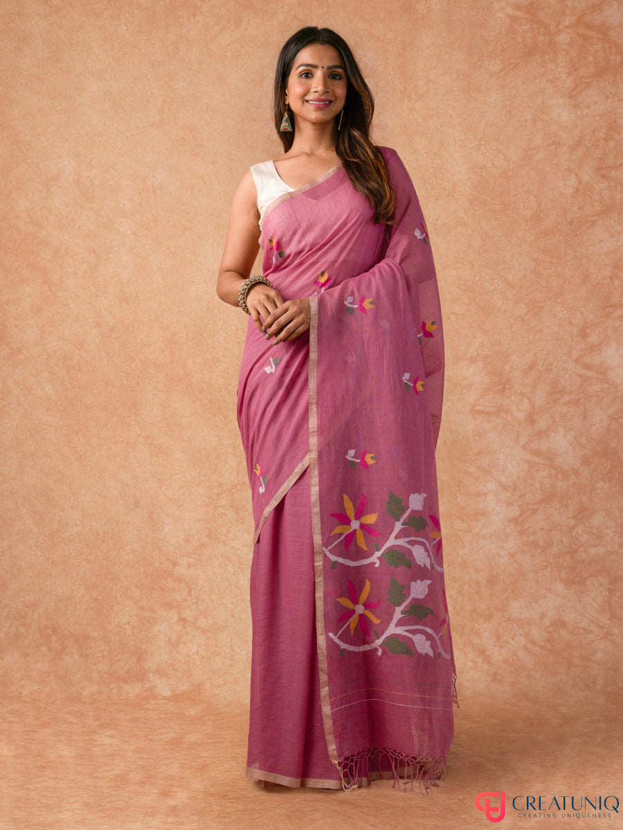 Floral Jamdani Pure Cotton Saree – Pink Elegance