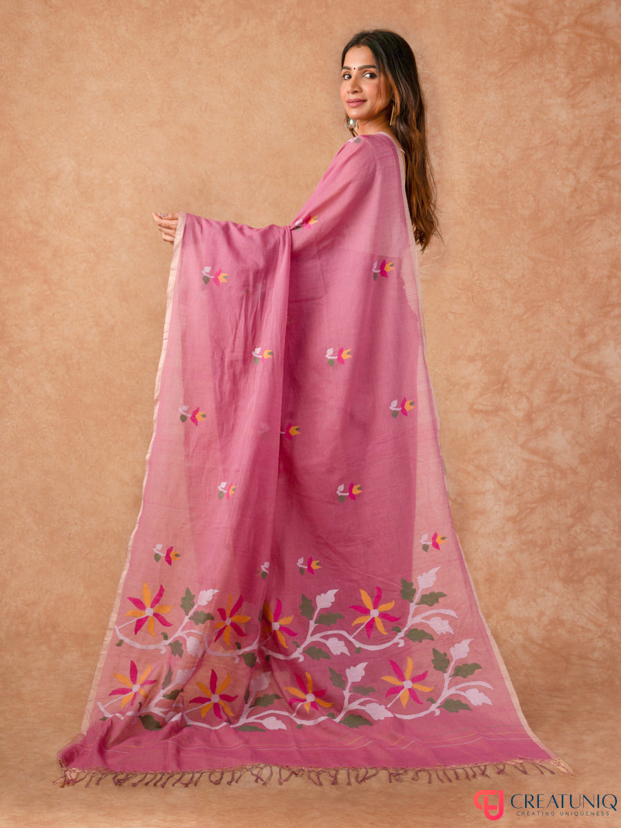 Floral Jamdani Pure Cotton Saree – Pink Elegance