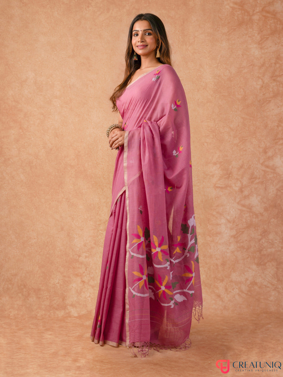 Floral Jamdani Pure Cotton Saree – Pink Elegance