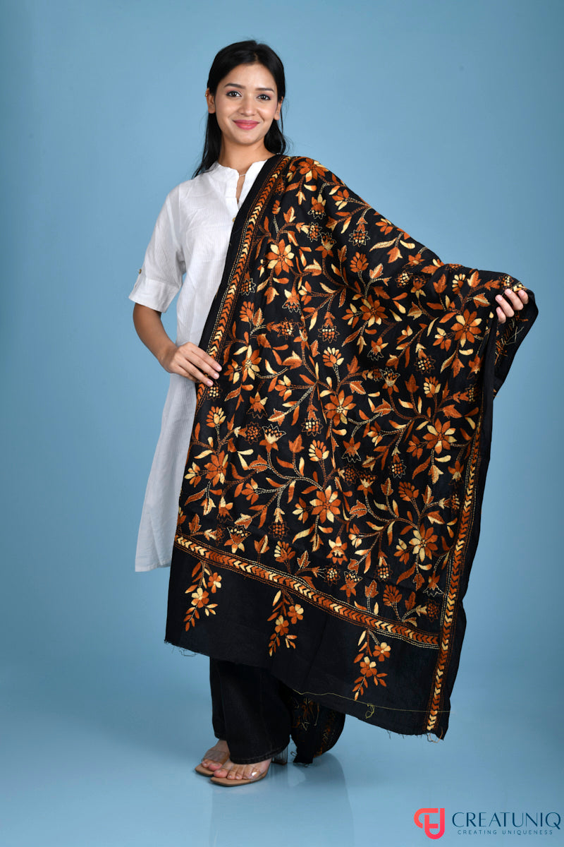 Floral Kantha Hand Embroidery Dupatta on Pure Cotton- Black