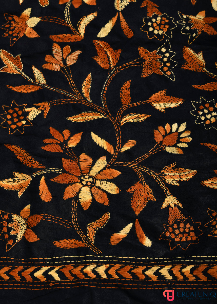 Floral Kantha Hand Embroidery Dupatta on Pure Cotton- Black
