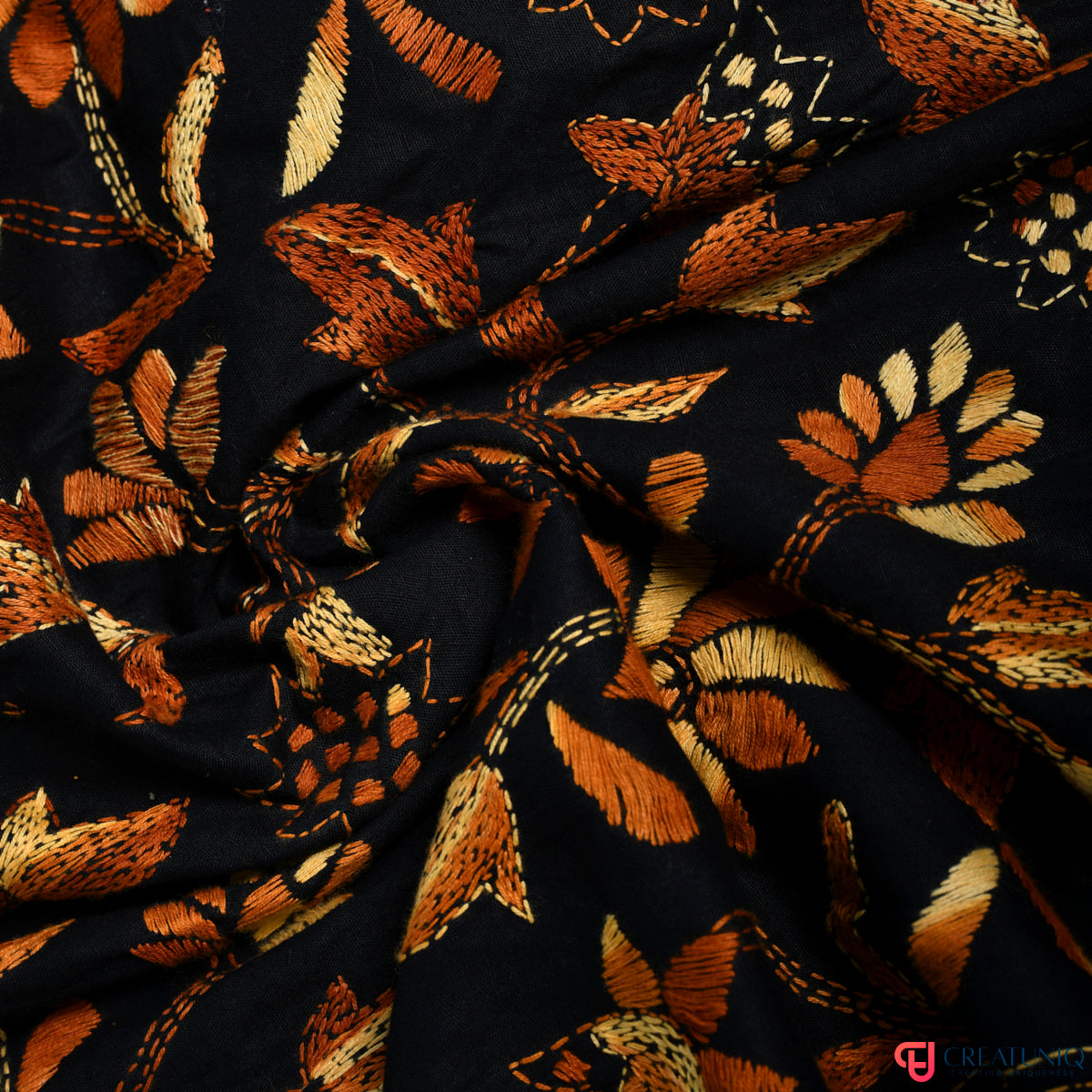 Floral Kantha Hand Embroidery Dupatta on Pure Cotton- Black