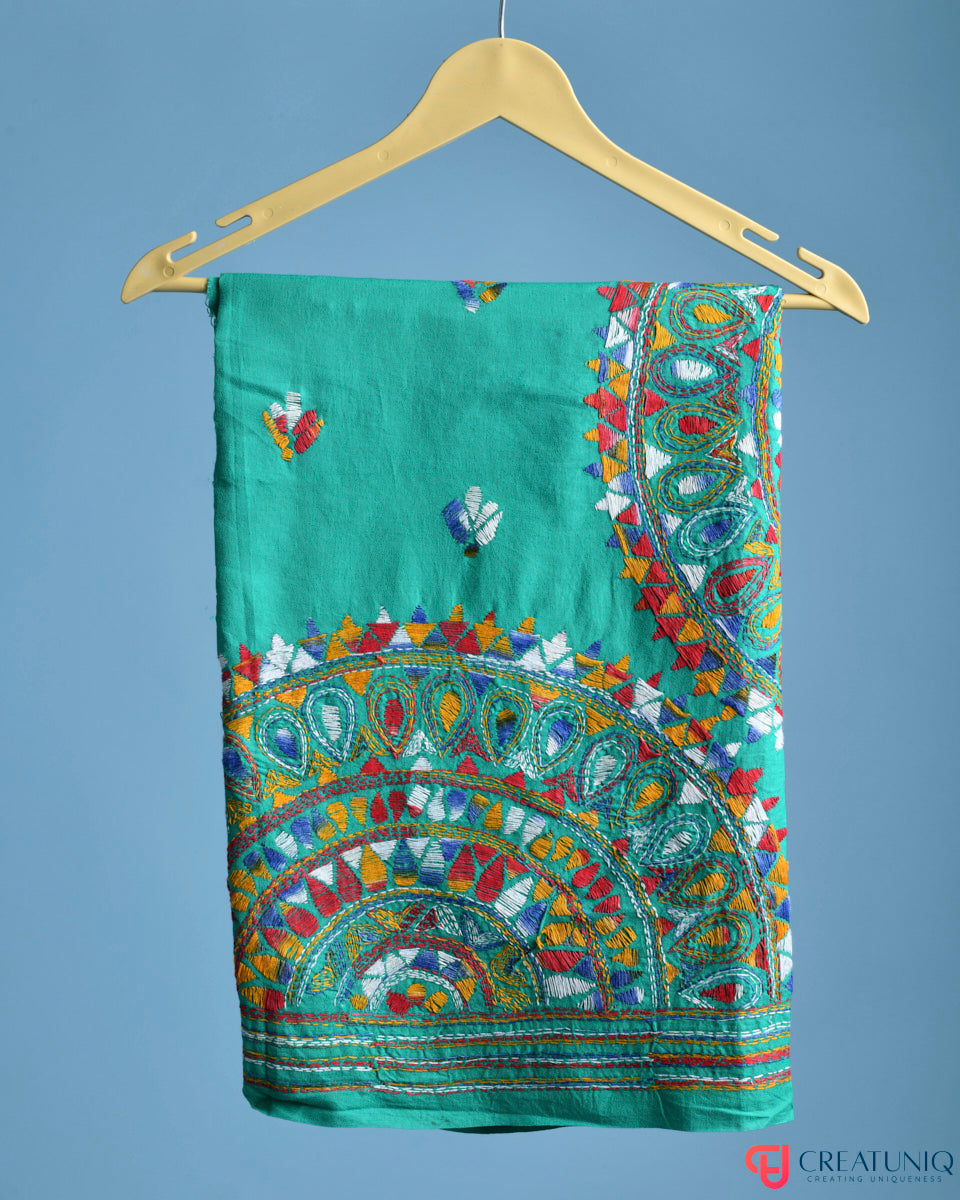 Floral Kantha Hand Embroidery Dupatta on Pure Cotton- Emerald Green